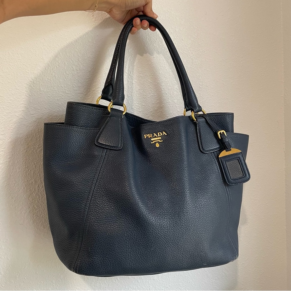 Prada Vitello Daino Pebble Leather Side Pocket Tote Bag